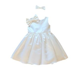White Satin Dress Toddler Girl 2T Big Bow hair clip Flower wedding
